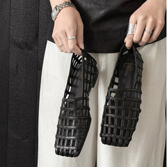 leather cowhide square toe hollow breathable and comfortable low Heel