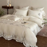 800TC Lyocell Eucalyptus Fiber Flowers Embroidery Ruffles Bedding Set
