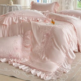 Pink Flowers Embroidery Ruffles Princess Wedding Bedding Set