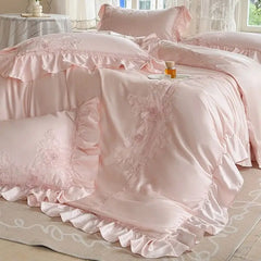 Pink Flowers Embroidery Ruffles Princess Wedding Bedding Set