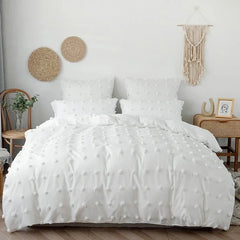 White Tufted Pom Pom Duvet Cover Set Soft Single Double Bedding Solid Color Quilt Cover with Pillowcases Queen King Bed Linen