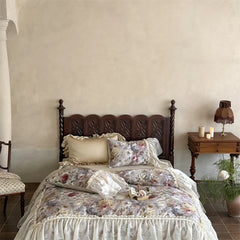 1000TC Egyptian Cotton Vintage Rose Flowers Prints Organza Ruffles Bedding Set