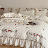 Vintage Cottagecore Cotton Linen Bedding Set, Cute Strawberry Embroidery & Ruffled Edge Duvet Cover Bed Sheet Pillowcases 4Pcs