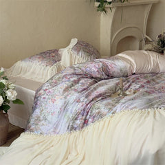 Flowers Print Chiffon Lace Ruffles Princess Bedding Set