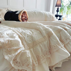 Rose Embossing Quilted Duvet Cover Set Vintage Lace Ruffles Pure Cotton Bedding Set