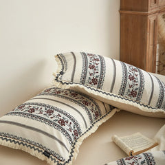 Vintage French Yarn-dyed Cotton Linen Blend Jacquard Tassel Edge Bedding Set