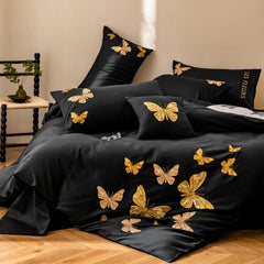 Butterfly Embroidery Luxury Black Bedding Set