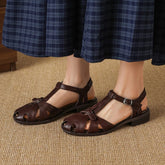 Leather Cowhide Round Toe Elastic Buckle