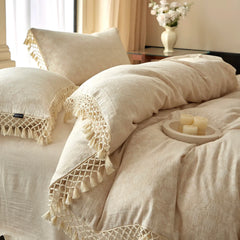 20% Linen and 80% Cotton Flowers Jacquard With Fringe Bedding Set