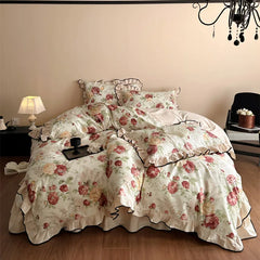 4Pcs Vintage French Floral Ruffles Bedding Set, 100% Cotton, Princess Duvet Cover Set, Quilted Bedspread, Bed Sheet, Pillowcases