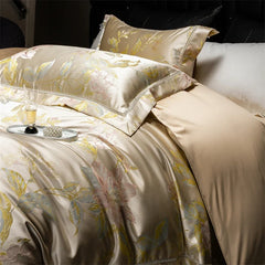 Premium 100S Egyptian Cotton Floral Jacquard Luxury Bedding Ultra Soft Duvet Cover Set Flat/Fitted Bed Sheet Pillowcases 4Pcs