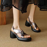 leather cowhide round toe thick sole loose grip high Heels