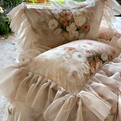 Vintage French Rose Flowers Print Lace Ruffles Bedding Set