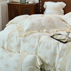 100% Pure Linen Vintage French Lace Ruffles Luxury Bedding Set