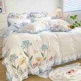 Cottagecore Botanical Floral Embroidery Ruffles 100% Cotton Bedding Set