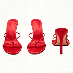 Red Fine ribbon Pinch toe Slippers Round toe pull-on Super high Heel