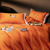 1000TC Satin Egyptian Cotton Bedding Set, Horse Embroidery, Queen, King, Duvet Cover Set, Flat/Fitted Bed Sheet, Pillowcases