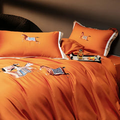 1000TC Satin Egyptian Cotton Bedding Set, Horse Embroidery, Queen, King, Duvet Cover Set, Flat/Fitted Bed Sheet, Pillowcases