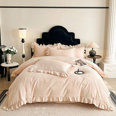 Chic Flowers Embroidery Ruffles Luxury Bedding Set