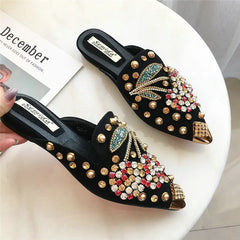 Large Size Women Mules Rivet Half Slippers Female Cherry Rhinestones Pointed Flat Shoes