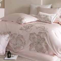 Pink Elegant Flowers Embroidery 100% Cotton Luxury Bedding Set