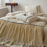 Cottagecore Cotton Linen Bedding Set, Soft Vintage Floral Embroidered Duvet Cover & Pillowcases, Bed Sheets for All Seasons 4Pcs