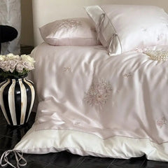 Pink Bouquet Flowers Embroidery Lace-Up Princess Bedding Set