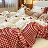 100% Cotton Korean Princess Style Bow Plaid Lace Ruffles Patchwork Bedding Set