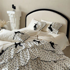 Three-layer Polka Dot Ruffles Bow Bedding Set