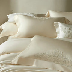 Luxury Lyocell Cotton Bedding Set, Champagne with Embroidery & Rhinestone Trim, Silky Soft Duvet Cover Bed Sheet Pillowcase 4Pcs