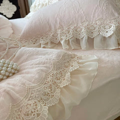 Pink Vintage French Lace Ruffles Carved Velvet Bedding Set