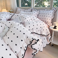 Heart Print Duvet Cover Set Princess Style Lace Ruffles Bedding Set