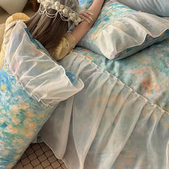 3/4Pcs French Princess Style Tencel Cotton Ice Silk Summer Cooling Comforter Set Blue Print Ruffle Bedding Set