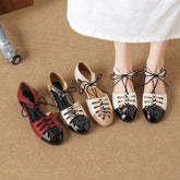 leather cowhide lace up low Heel