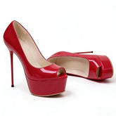 Red Patent Leather Peep Toe Pumps