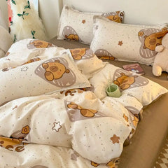 Ins Bear Duvet Cover Set with Zipper Fashion Girls Boys Kids Flat Bed Sheet Pillowcases No Filler Single Queen Size Bedding Set