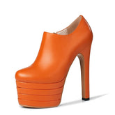 Orange Cowhide Round Toe Platform Pumps