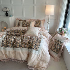 Vintage Floral Print Lace Ruffles Princess Bedding Set