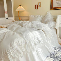4Pcs White Korean Princess Style 100% Cotton Bedding Set