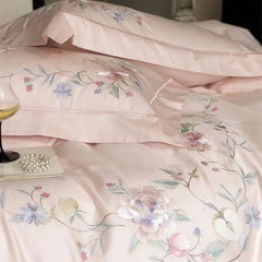 Premium 1000TC Egyptian Cotton Flowers Embroidery Pink Luxury Bedding Set