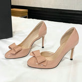 Patent Leather Round Head Bow Side Empty Nude High Heels