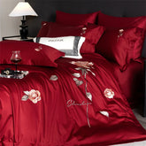Luxury Rose Flowers Embroidery 100% Cotton Red Bedding Set