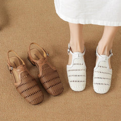 cowhide woven elastic hollow breathable mid Heel