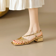 Leather Cowhide Square Toe Elastic Hollow Breathable Mid Heel