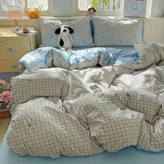 Duvet Cover Set Fashion Twin Double Size Girls Boys Flat Sheet Pillowcase No Filler Plaid Soft Bedding Set