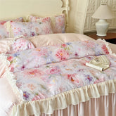 3/4Pcs French Princess Style Pink Luxury Duvet Cover Set Double Bedding Bedroom With Elastic Band Bed Linen Ruffle Pillowcase