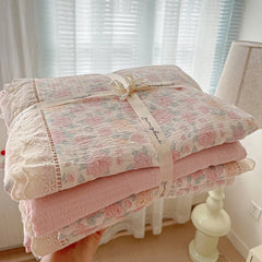4pcs Floral Printed Duvet Cover Set Korean Lace Bedding Set