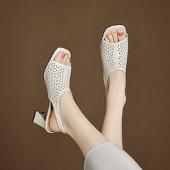 cowhide hollow out breathable open toe thick Heel