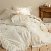 Flowers Embroidery Lace Ruffles Princess Wedding Bedding Set