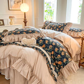 100% Cotton Floral Print Lace Princess Bedding Set